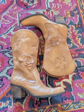 Women's Candida Brown Floral Leather Cowboy Boots Sz 7.5